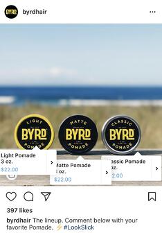 Ejemplo de ByrdHair de varias etiquetas de productos de Instagram 