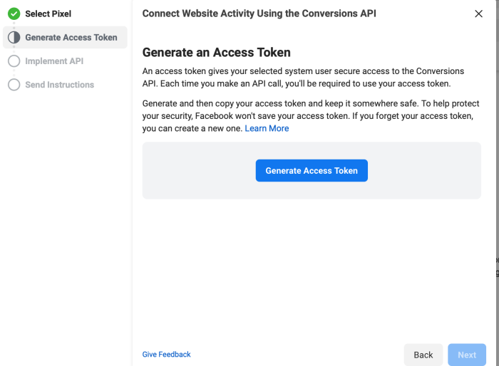 Generando un token de acceso en la API de conversiones de Facebook
