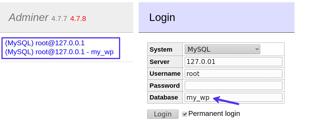 Iniciar sesi&oacute;n en Adminer con o sin un nombre de base de datos