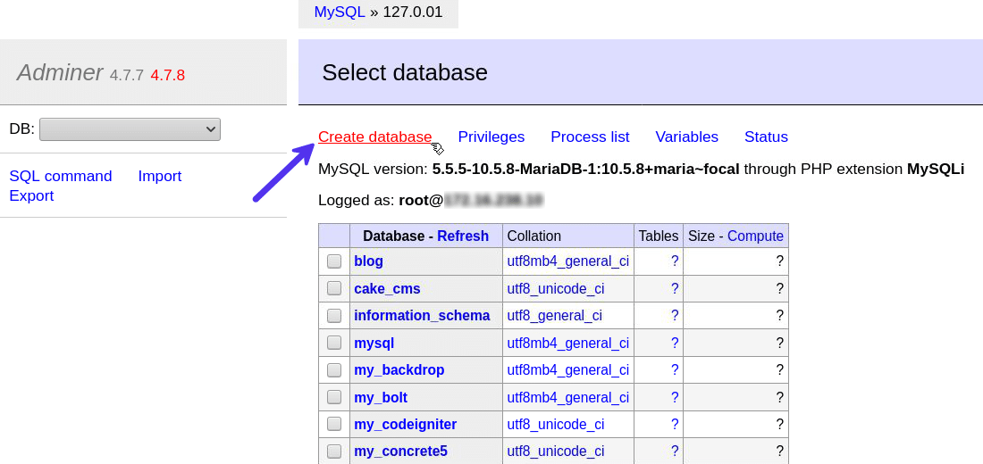Creando una nueva base de datos en Adminer