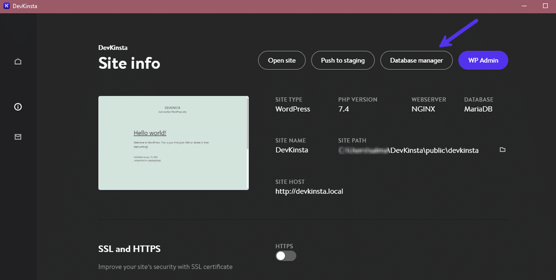 Accediendo al administrador de bases de datos de DevKinsta