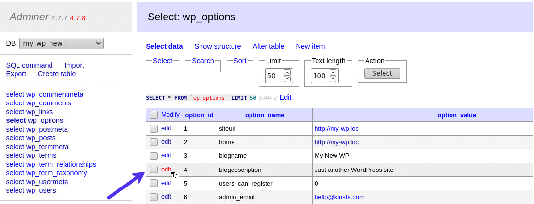 Editar un registro de base de datos existente a trav&eacute;s de Adminer