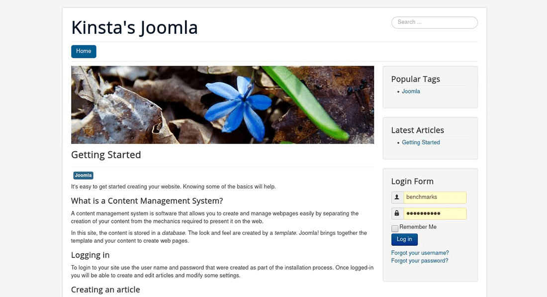 La página de inicio de Joomla probada