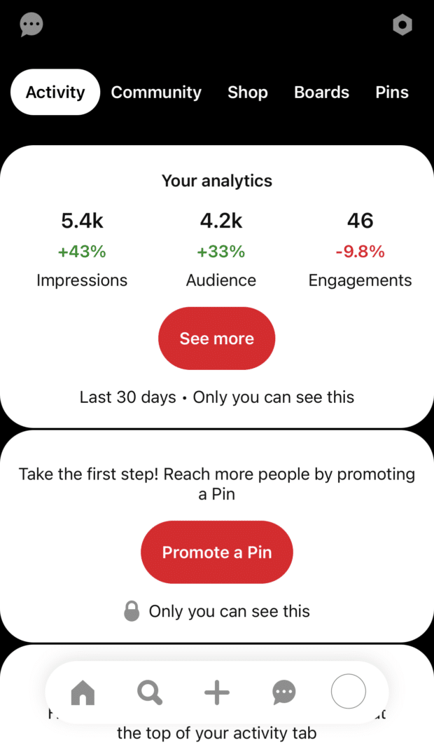 Secci&oacute;n "Tus an&aacute;lisis" en la aplicaci&oacute;n de Pinterest