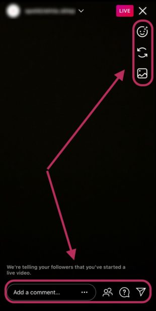 Cómo usar Instagram Live para hacer crecer e involucrar a sus seguidores Botones en la vista de pantalla de Instagram Live en la aplicación móvil de Instagram