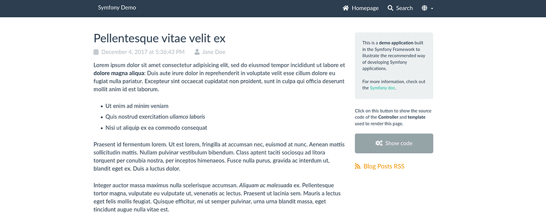 La página probada del blog de Symfony