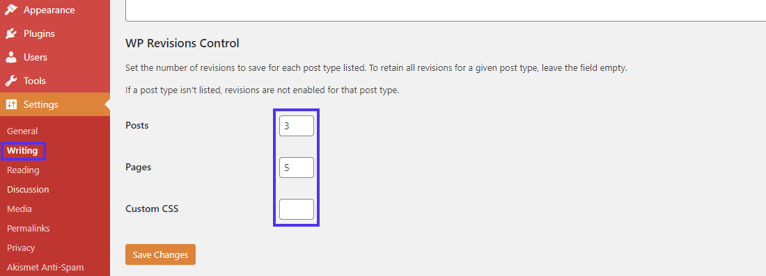 Configuraci&oacute;n de WP Revisions Control