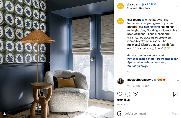 Leyenda de Instagram de Clare paint, que demuestra la voz de marca elegante y profesional de la marca.