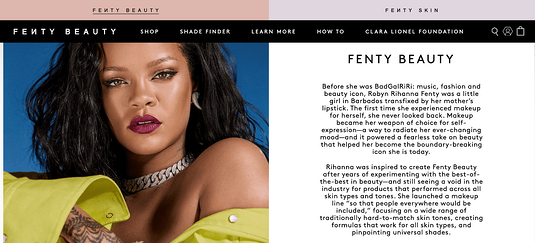 La p&aacute;gina Acerca de nosotros de Fenty Beauty, que muestra una voz de marca divertida e ingeniosa.