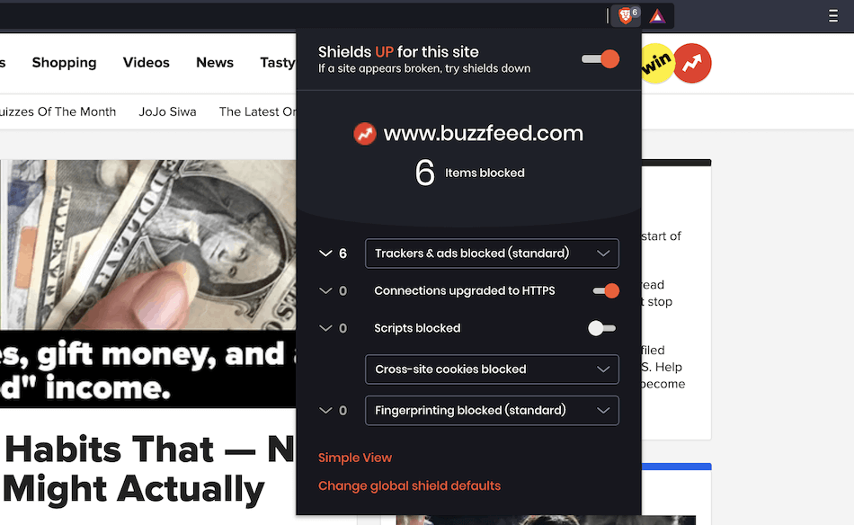Vista avanzada de Brave, que muestra m&aacute;s detalles sobre la cantidad de acciones de bloqueo realizadas.