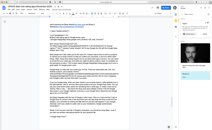 Un nuevo archivo de documento de Google con la barra lateral de Google Keep abierta