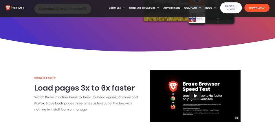 Las afirmaciones de velocidad de Brave en su sitio web.
