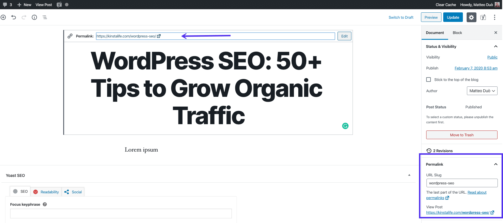 SEO de WordPress: Accediendo a la configuraci&oacute;n de Enlace permanente en el Editor de bloques
