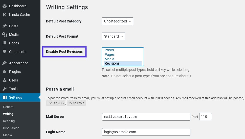 La configuraci&oacute;n del complemento de WordPress Desactivar revisiones de publicaciones.