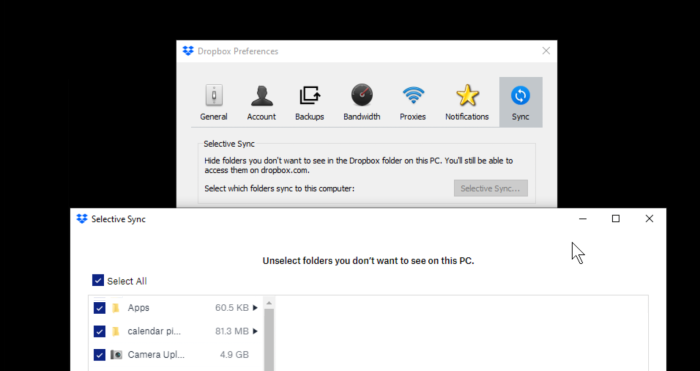 Sincronizaci&oacute;n selectiva de Dropbox