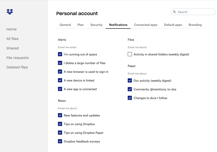 Configuraci&oacute;n de notificaciones de Dropbox
