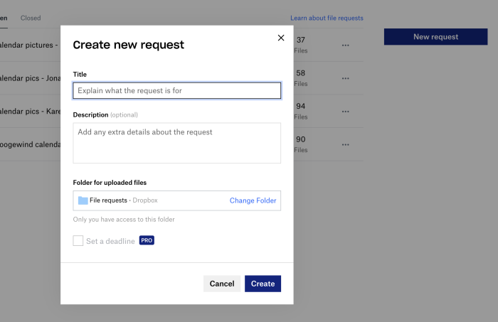 Funci&oacute;n de solicitud de archivos en Dropbox