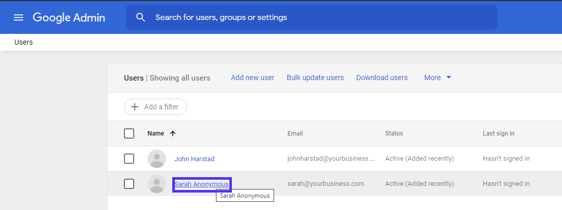 El panel de usuarios en Google Workspace