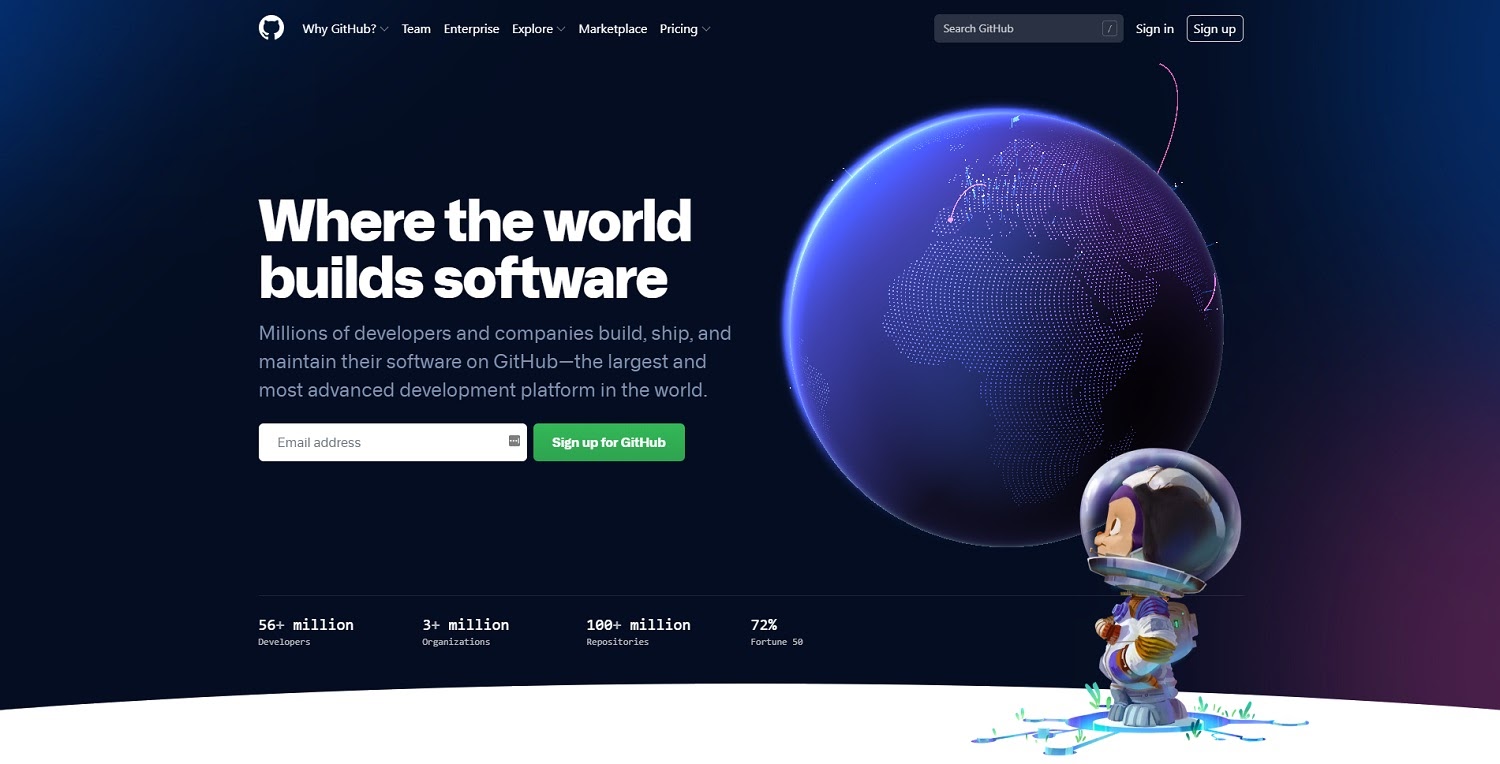 P&aacute;gina de inicio de GitHub, captura de pantalla.