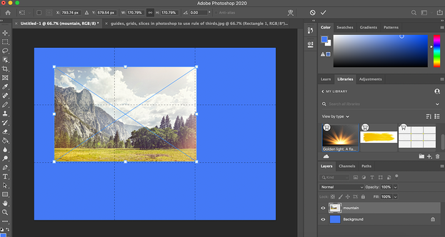 Una cuadr&iacute;cula completa de la regla de los tercios en Photoshop con una imagen transpuesta encima.