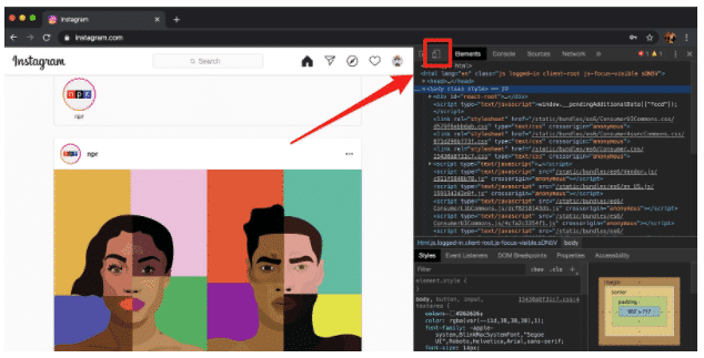 C&oacute;mo publicar en Instagram desde PC paso 4: bot&oacute;n m&oacute;vil en la ventana del desarrollador de Chrome