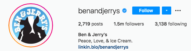 17 ideas biográficas de Instagram + cómo crear las tuyas propias (plantillas) Ben y Jerry's Peace Love and Ice Cream