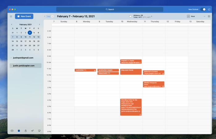 Captura de pantalla del calendario de Outlook para macOS Captura de pantalla del calendario de Outlook para macOS