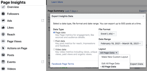 Cómo crear un informe de redes sociales (incluye una plantilla gratuita) Exportación de datos de Insights desde Facebook