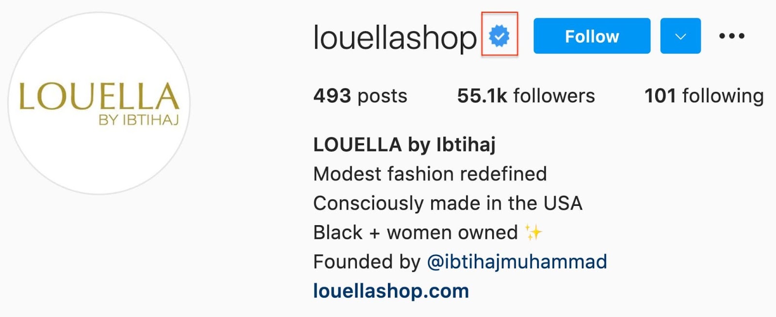 Ejemplo de p&aacute;gina de verificaci&oacute;n de Instagram en la cuenta @LouellaShop