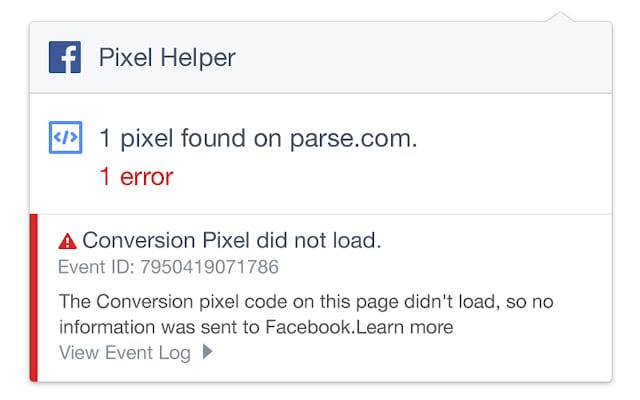 Ventana emergente de informaci&oacute;n de error de p&iacute;xel de Facebook
