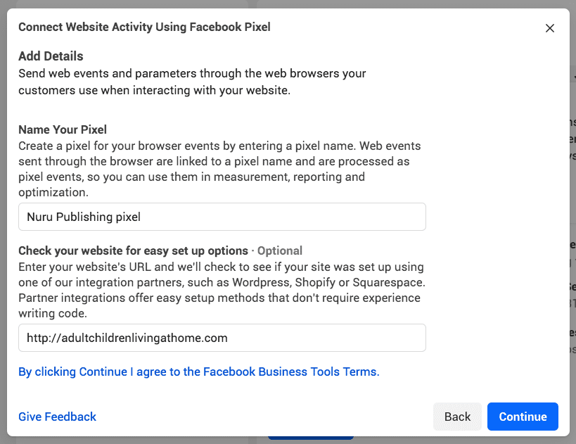 conectar la actividad del sitio web usando el p&iacute;xel de Facebook