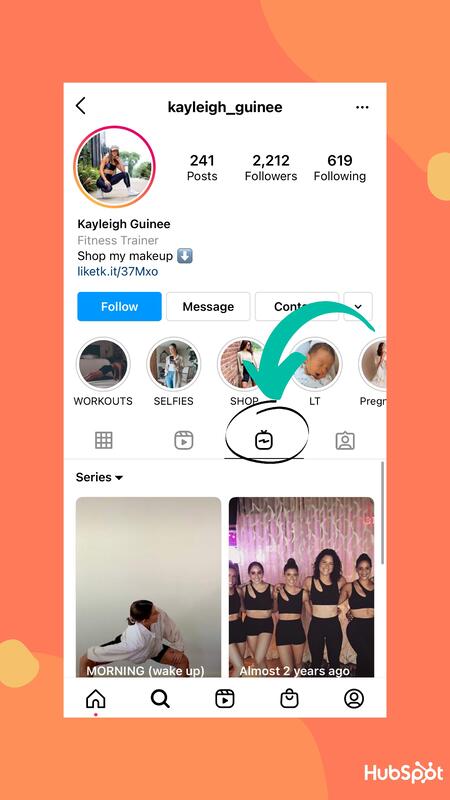 Secci&oacute;n IGTV de Kayleigh Guinees, donde se guardan sus videos de Instagram Live despu&eacute;s de la filmaci&oacute;n