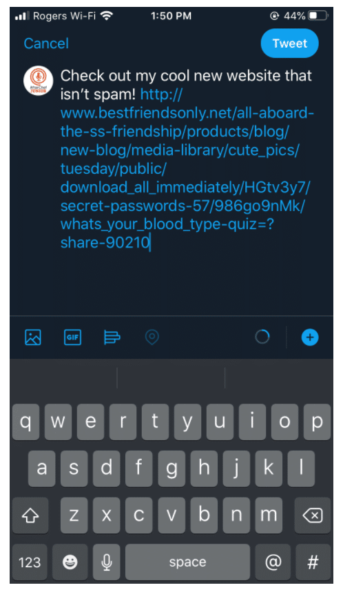 URL larga en mensaje de texto, copiada y pegada sin usar un acortador de URL