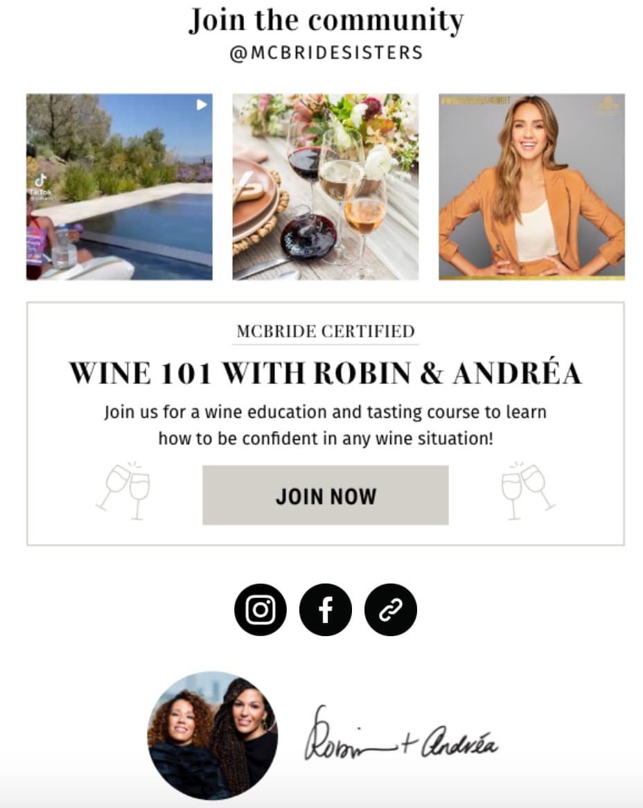 ejemplo de c&oacute;mo la marca McBride Sisters integra el enlace de Instagram en el bolet&iacute;n para ganar m&aacute;s seguidores