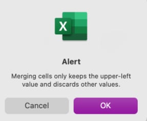 Una alerta al fusionar celdas en Excel
