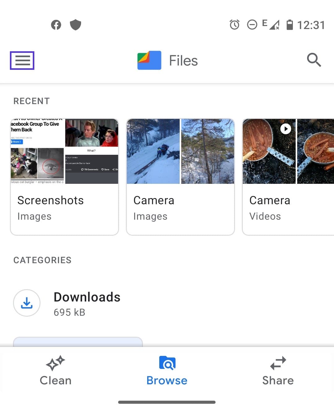 Aplicaci&oacute;n de archivos de Android, captura de pantalla.
