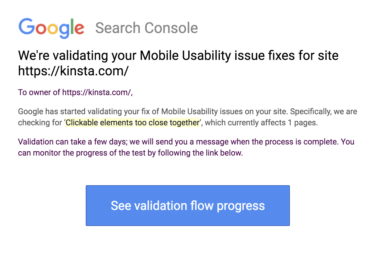 Cómo corregir el error "Elementos en los que se puede hacer clic demasiado juntos" (3 métodos) El mensaje de actualización de validación de Google Search Console.