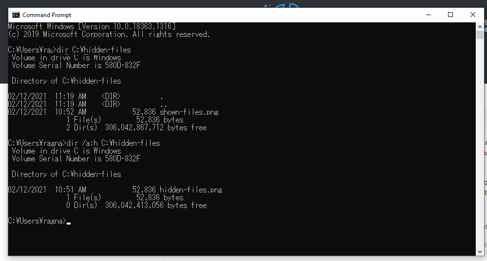 Listado de archivos ocultos en CMD de Windows.
