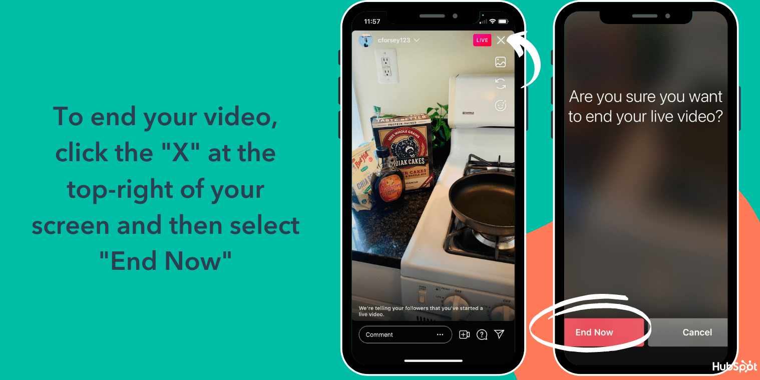 finalice su video de Instagram Live haciendo clic en la X en la parte superior derecha