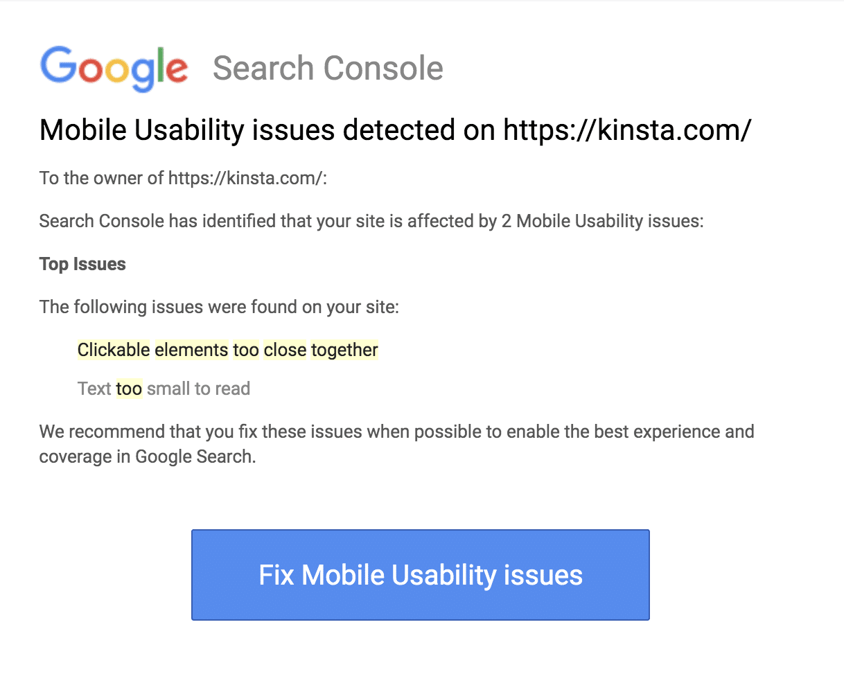 Cómo corregir el error "Elementos en los que se puede hacer clic demasiado juntos" (3 métodos) Un informe de problemas de usabilidad móvil de Google Search Console.
