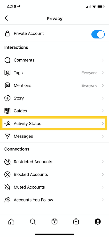 Configuraci&oacute;n de estado de actividad de Instagram dentro de la configuraci&oacute;n de privacidad en la aplicaci&oacute;n