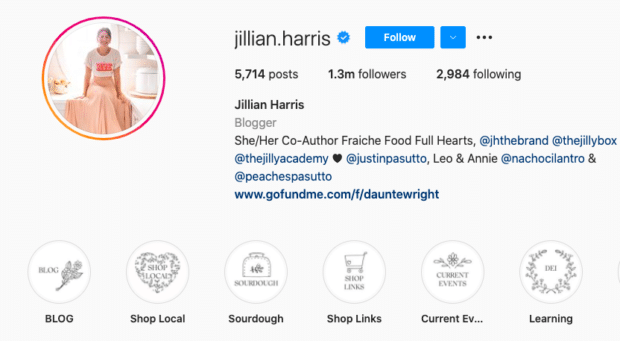 iconos destacados de Instagram en el perfil de Jillian Harris