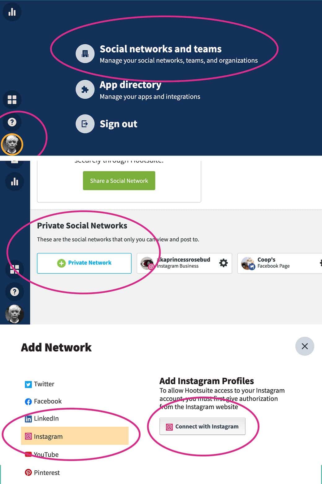 Cómo programar publicaciones de Instagram (3 métodos + consejos adicionales) Agregar perfil comercial de Instagram a la cuenta de Hootsuite