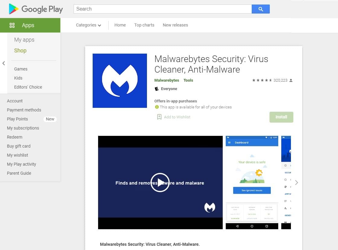 Aplicaci&oacute;n de Android Malwarebytes antivirus.