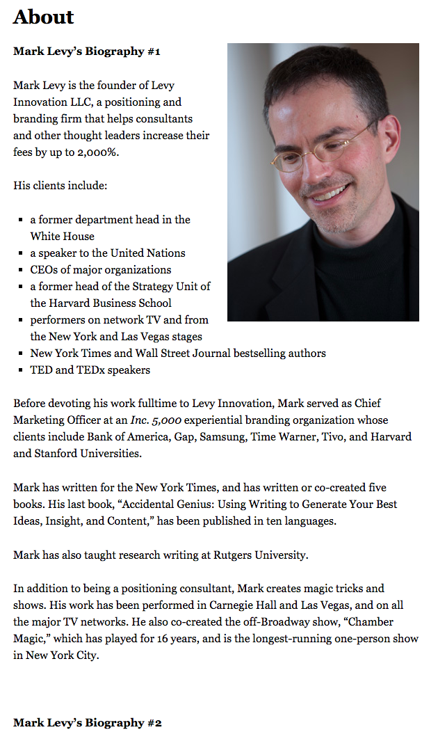 Biograf&iacute;a profesional de Mark Levy en su sitio web personal