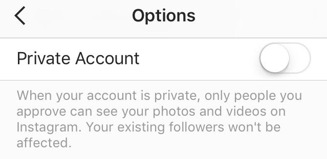 Captura de pantalla del cambio de cuenta privada en Instagram