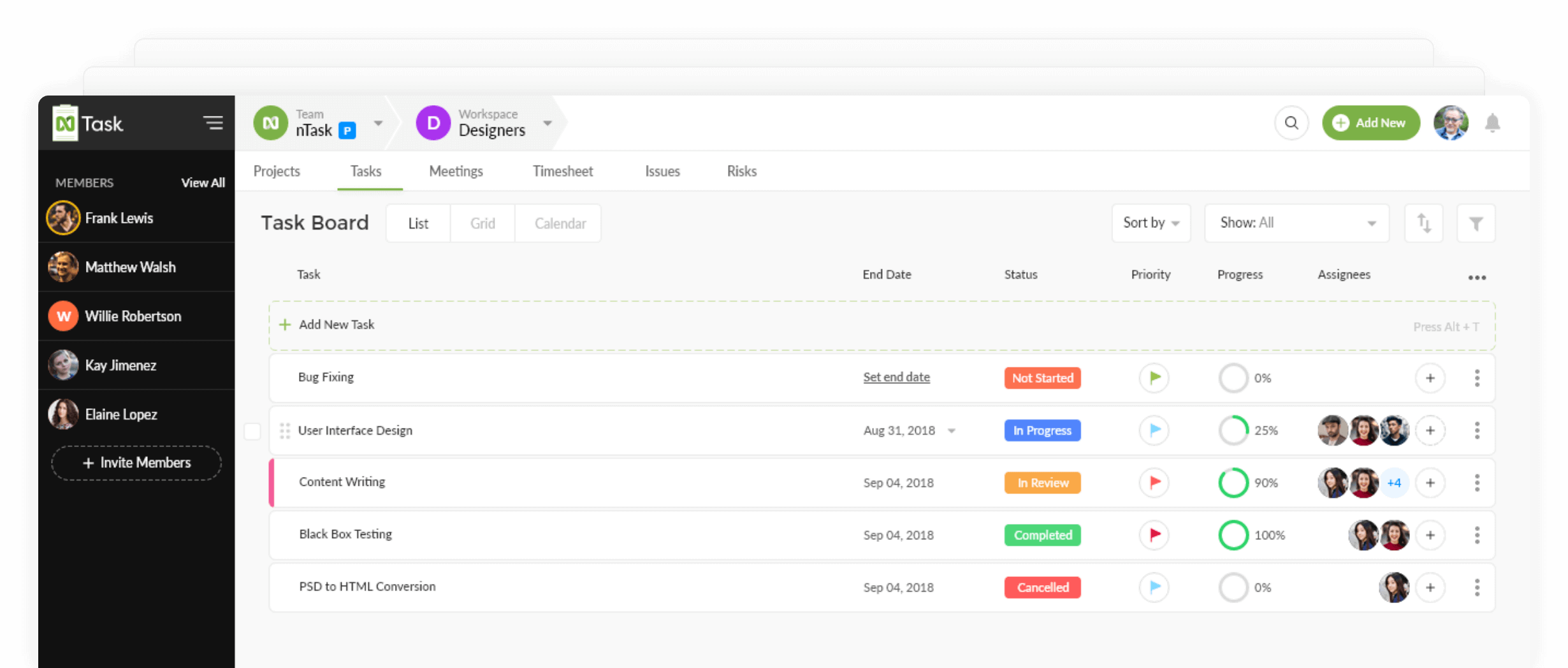 16 opciones gratuitas de software de gestión de proyectos para mantener a su equipo encaminado Tablero de tareas del software de gestión de proyectos de nTask