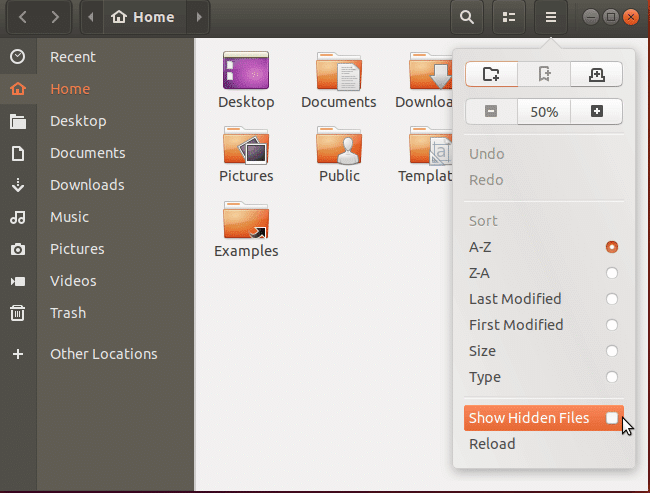 Cuadro de di&aacute;logo modal del explorador de archivos de Ubuntu que muestra los archivos ocultos.