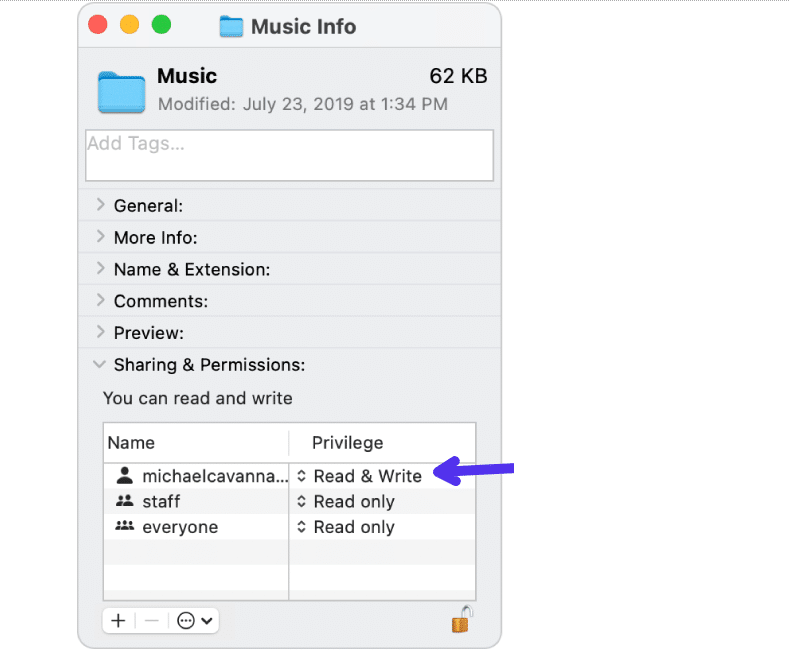 Permisos de usuario de Mac.