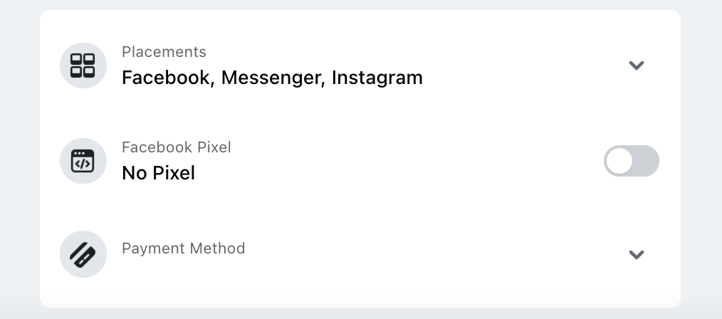 Ejemplo de m&eacute;todos de ubicaci&oacute;n seleccionados: Facebook, Messenger, Instagram